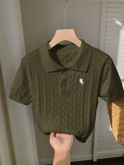 Comfortcana 女士休闲军绿色短袖针织上衣