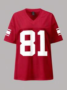 INAWLY Women's V-Neck T-Shirt With 81 Numeric Print, Sporty Style - Burgundy - View 3