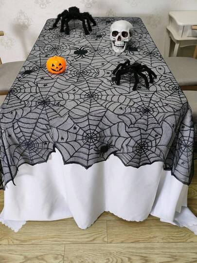 Goth 1pc Black Lace Tablecloth(135*183), Spider Web Lace Tablecloth, Party Decoration, Photo Props, Background,Halloween Black Lace Spider Web Square Tablecloth - Dining Table Cover / Decorative Cover For Ghost Festival