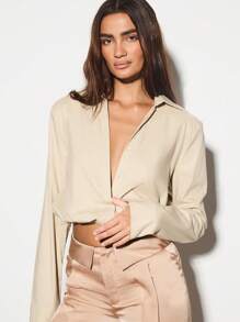 KIZN Long Sleeve Collared Wrap Blouse Button Down Professional Office Work Autumn Linen Feel Feel Oversized Casual Crossover Top With Shoulder Pads - Khaki - View 1