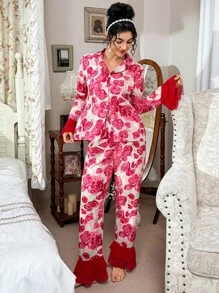 SHEIN 2 Stücke Damen Kontrast Rüschen Blume Muster Hemdkragen Langarm Top & Hose Pyjama Set, Herbst Winter Kleidung - Verschiedenfarbig - Übersicht 7