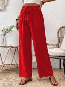 SHEIN LUNE Loose Straight Elastic Drawstring Textured Wrinkled Fabric Spring Summer Pants - Red - View 3