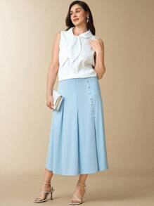 SHEIN Clasi Conjunto elegante de 2 piezas con cuentas y ajuste ceñido, adecuado para uso en la oficina, blusa de cuello de corbata blanca sin mangas para mujer, ropa de mujer para otoño