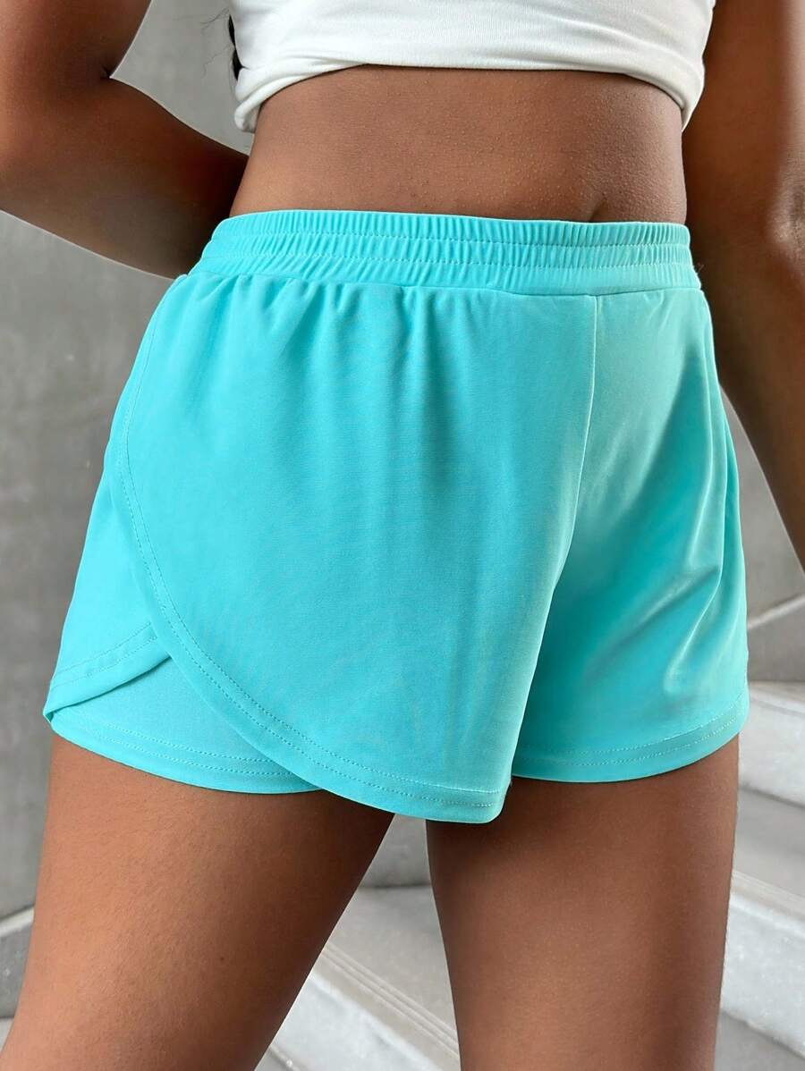 SHEIN Tween Girls Elastic Waist Loose Fit Knit Shorts, Casual Sports Style - Mint Green - View 1