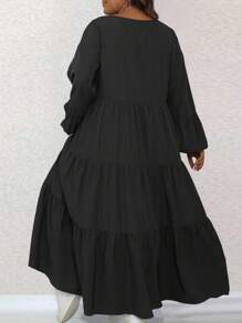 SHEIN LUNE Plus Size Solid Color Lantern Sleeve Brown Fall Dress, Spring Autumn Maxi Women Outfit - Black - View 2