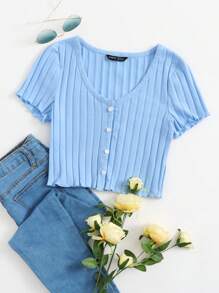 SHEIN EZwear Button Up Rib-knit Crop Top