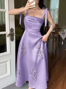 Modelyn Đầm Maxi Tank Top Thanh Lịch Thêu Hoa Cho Nữ - Màu tím - Xem 8