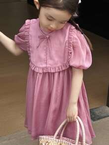 SHEIN 2pcs Set Young Girl Retro Floral Round Neck Loose Puff Sleeve Pink Dress,Ruffle Trim Shawl,Summer Princess 7th Birthday Holiday Party,Comfortable - Purple - View 5