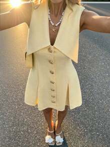 Siren Gaze 奶油黄大翻领V领粗花呢混纺质感金属扣无袖A字气质短款连衣裙教师节通勤装女简约纯色大翻领前扣连衣裙夏