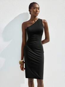 Maija 2025秋季现代都市不对称露背开衩黑色中长连衣裙，适合春夏复古音乐节派对，都市通勤，优雅复古风格，女士办公室穿着 - 黑色 - 查看 3