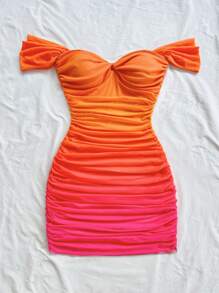 Soleia Váy bó sát hở vai in họa tiết hoàng hôn chuyển màu dành cho nữ, váy ngắn hở lưng hở lưng dây mảnh, thích hợp cho ngày lễ, hẹn hò, trà chiều, mùa cưới, bãi biển, du ngoạn, kỳ nghỉ thành phố, kỳ nghỉ theo phong cách Boho, lễ hội âm nhạc - trái cam - Xem 3