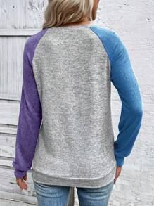 SHEIN LUNE 女式休闲日常撞色拼接插肩袖套头衫秋季 - 彩色 - 查看 2