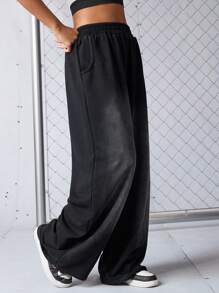 SHEIN Sports 女士休闲运动街头裤 - 黑色 - 查看 3