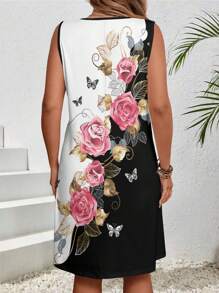 EMERY ROSE Plus Size Women Floral Print Crew Neck Sleeveless Tank Dress - Multicolor - View 2