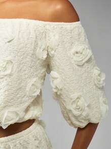 MISSGUIDED Floral Applique Off Shoulder Crop Top Wide Leg Pants Matching Festival Summer Spring Beach Boho Wedding Guest Garden Party Occasion Wear Coordinates - White - View 3