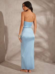 Hauture Women's Summer Sexy Two Tone Shiny Jersey With Satin Front Twisted Maxi Dress - Blue - View 3