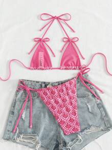 Swim Mod Bộ 2 đồ bơi nữ có nơ, họa tiết kỳ nghỉ hè gợi cảm, bikini màu hồng thanh lịch cho bãi biển - Nhiều màu - Xem 3