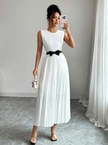 Elenzga 修腰法式优雅淑女连衣裙，复古奢华重褶白色和黑色蝴蝶结，鸡尾酒会通勤百搭 A 字连衣裙 - 白色 - 查看 5