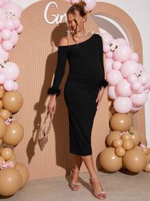 Loomaby Casual Solid Color Asymmetric Neckline Fitted Maternity Dress,Gender Reveal Dress,Maternity Dress,Baby Shower Dress