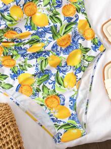 SHEIN Tween Girl 腰部褶饰水果印花连体泳衣