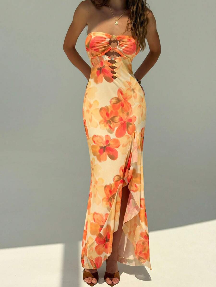 Aloruh Vestido de tirantes finos con estampado floral, decoración con cuentas y abertura alta, para primavera y vacaciones de verano