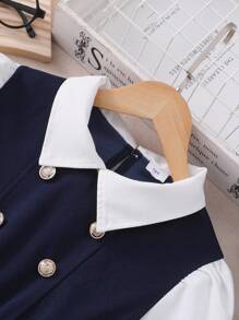 青少年女孩海軍藍與白色雙排扣泡泡袖休閒優雅中長洋裝，學院風開學校服，秋季 - 藏蓝色 - 查看 4