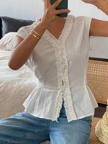 Livesso Women's Solid Color Ruched Flounce Waist Band V-Neck Casual Vacation Summer Top Blouse