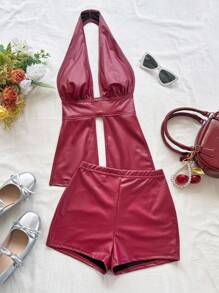 Soleia 2 件套女士 V 领系带前露背吊带背心和迷你短裤套装，适合派对、约会、下午茶、波西米亚风、波西米亚风、浪漫花卉、度假 - 酒紅色 - 查看 3