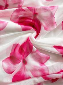 SHEIN x Eduarda Gutierrez Soleia 女士度假花卉印花针织网眼吊带蝴蝶结露背系带前开襟 3D 花朵装饰吊带背心和褶饰迷你裙套装，适合海滩、度假、波西米亚风格 - 粉色 - 查看 6