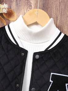 SHEIN Tween Boys Diamond Pattern Letter Embroidered Baseball Jacket Fall Winter - Black - View 7