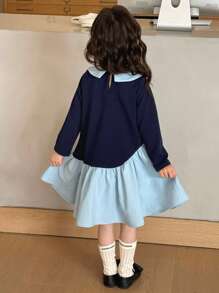 SHEIN Little Byeori 年轻女孩休闲优雅都市通勤学校宽松撞色蝴蝶结长袖衬衫裙两件套适合秋季、冬季、学校、毕业典礼、日常穿着、运动、度假、旅行