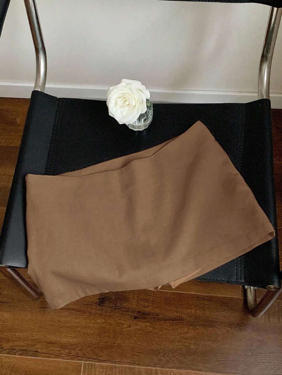 Comfortcana Falda mini de lino informal de cintura baja y corte evasé de unicolor para el verano, para mujer - Camel - Ver 1