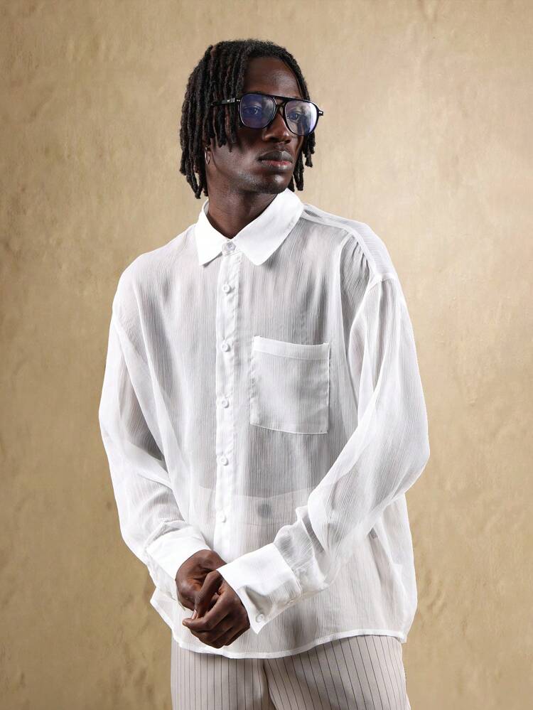 Sheer Textured Button Down Shirt With Collar