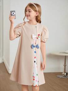 SHEIN Leap Crew Tween Girls Casual Loose Fit Colorblock Patchwork Decorative Bowknot Bubble Sleeve A-Line Dress - Multicolor - View 4