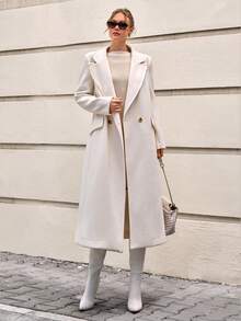 CLARA VERO Áo khoác dài thanh lịch hai hàng khuy có ve áo khoét và túi có nắp, sạch sẽ, vừa vặn và phù hợp với mùa đông - trắng - Xem 6