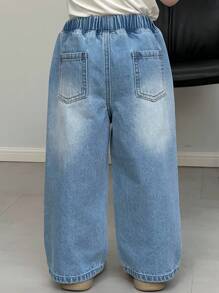 Dazy Kids 男童宽松直筒百搭牛仔裤，适合秋季穿着 - 中等水洗藍 - 查看 4