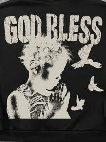 Manfinity EMRG Manfinity Streetrush 男士拉链连帽卫衣，黑色，复古美式风格，“上帝保佑”标语和祈祷手印花，复古街头风，适合春、秋、冬三季穿着，百搭“上帝保佑”黑色印花连帽衫，上帝主题连帽衫，宗教主题连帽衫，基督教服饰，长袖上衣 - 黑色 - 查看 3