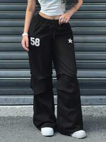 SHEIN 少女黑色星星&英文图案阔腿低腰裤，街头风格，返校，可爱，度假家庭户外春季野餐日常穿着，适合各种场合星星裤58裤数字裤阔腿裤黑色裤子