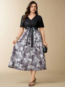 Flouryn Đầm dài vừa phải in họa tiết ren chắp vá cổ chữ V thanh lịch cho nữ cỡ lớn - Nhiều màu - Xem 7