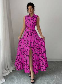 Elenzga New V-Neck Graphic Print Button Down Sleeveless Tie Waist Slim Fit Dress For Women