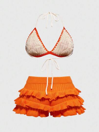 Fairycore Vacation Style Handmade Crochet Floral Plus Size Bikini Knitted Set