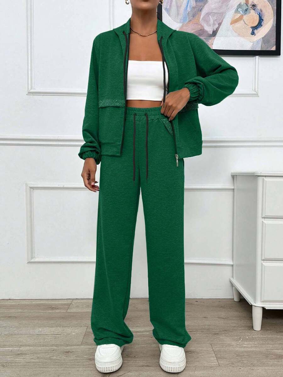 EURMUSE TWO PIECES TWO THREAD LIGHT GREY HOODIE SWEATSHIRT AND SWEATPANT WITH SPARKLE STONE DETAIL - Dark Green - View 1