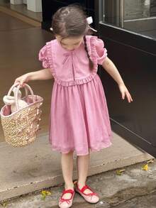 SHEIN 2pcs Set Young Girl Retro Floral Round Neck Loose Puff Sleeve Pink Dress,Ruffle Trim Shawl,Summer Princess 7th Birthday Holiday Party,Comfortable - Purple - View 4