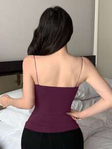 DAZY Self-Padded Bust Pleated Design Fitted Camisole Thin Strap Base Top Crop Women Tops - Burgundy - View 2