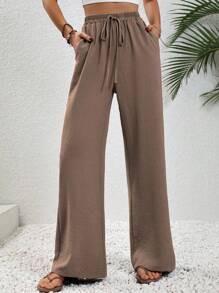 SHEIN Tall Women Khaki Casual Elastic Waist Drawstring Relaxed Straight Leg Pants Fall Cloth For Women - Khaki - View 1