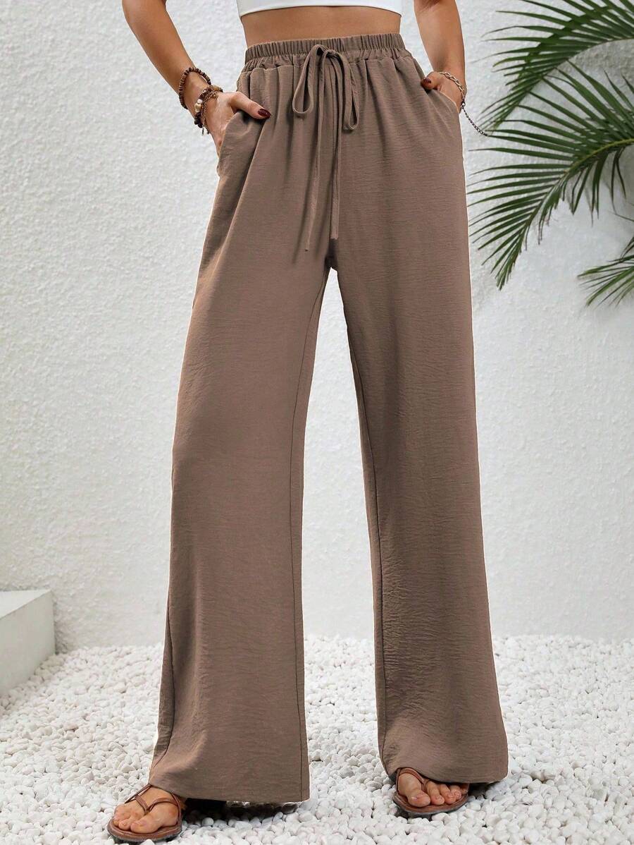 SHEIN Tall Women Khaki Casual Elastic Waist Drawstring Relaxed Straight Leg Pants Fall Cloth For Women - Khaki - View 1