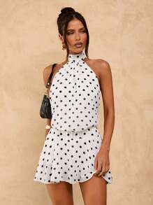 SHEIN BAE 纯棕色波尔卡圆点露背吊带不对称下摆迷你性感夜店连衣裙，适合音乐节装扮、度假装 - 白色 - 查看 3