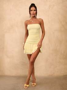 SHEIN BAE 春夏纯黄色奶油色露肩褶饰紧身迷你连衣裙，带荷叶边下摆，可爱夏装，早午餐连衣裙，黄色连衣裙