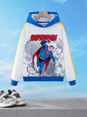 SUPERMAN X SHEIN sweat-shirt à capuche ample style raglan avec impression de héros de bandes dessinées et de lettres en bloc de couleurs, pour garçon préadolescent, style décontracté de rue, printemps/automne