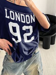 POPSWAY Plus Size London 92 Graphic Plus Size Loose Shoulder T-Shirt, White Graphic Tees Women Tops